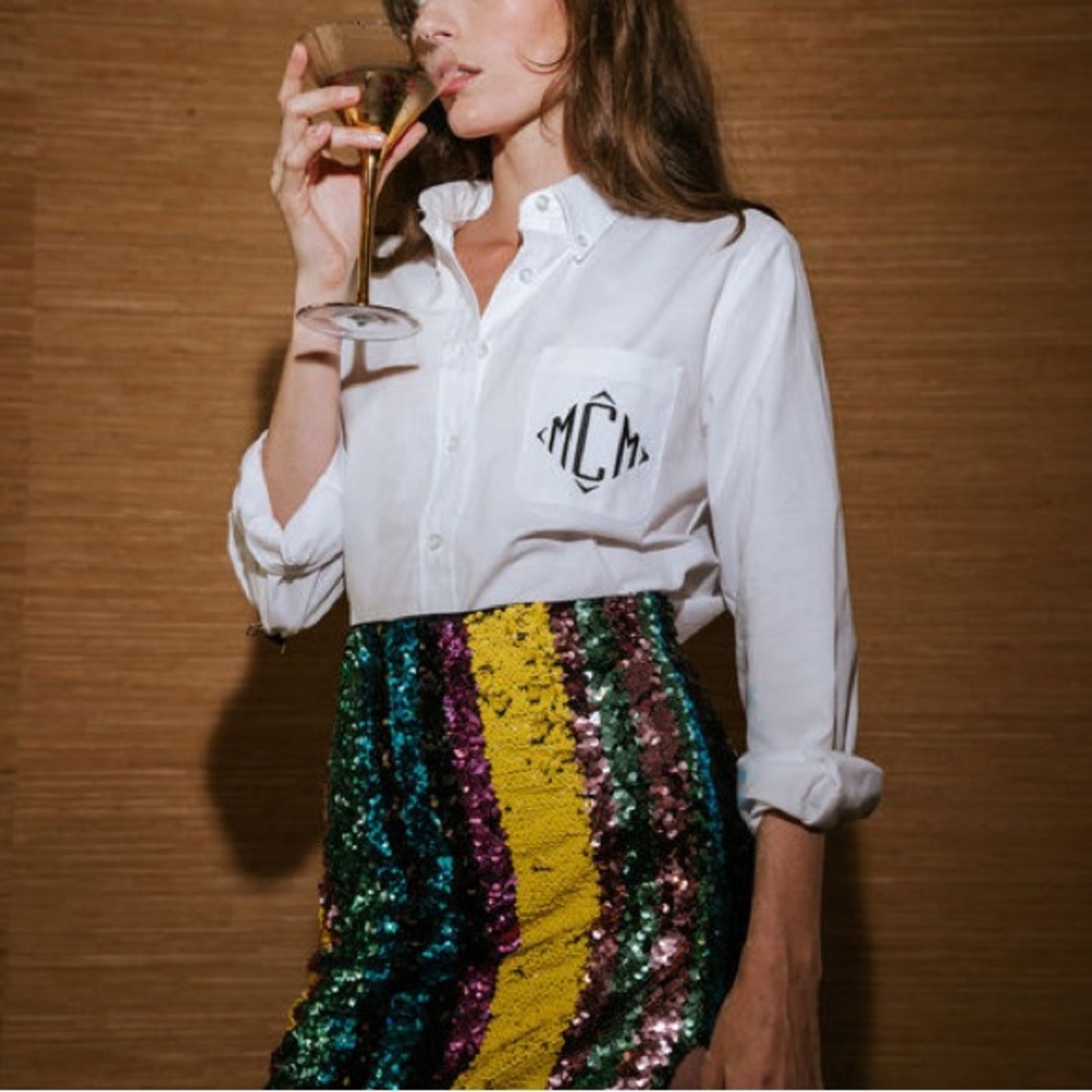 Sequin Stripe Midi Skirt with Slit